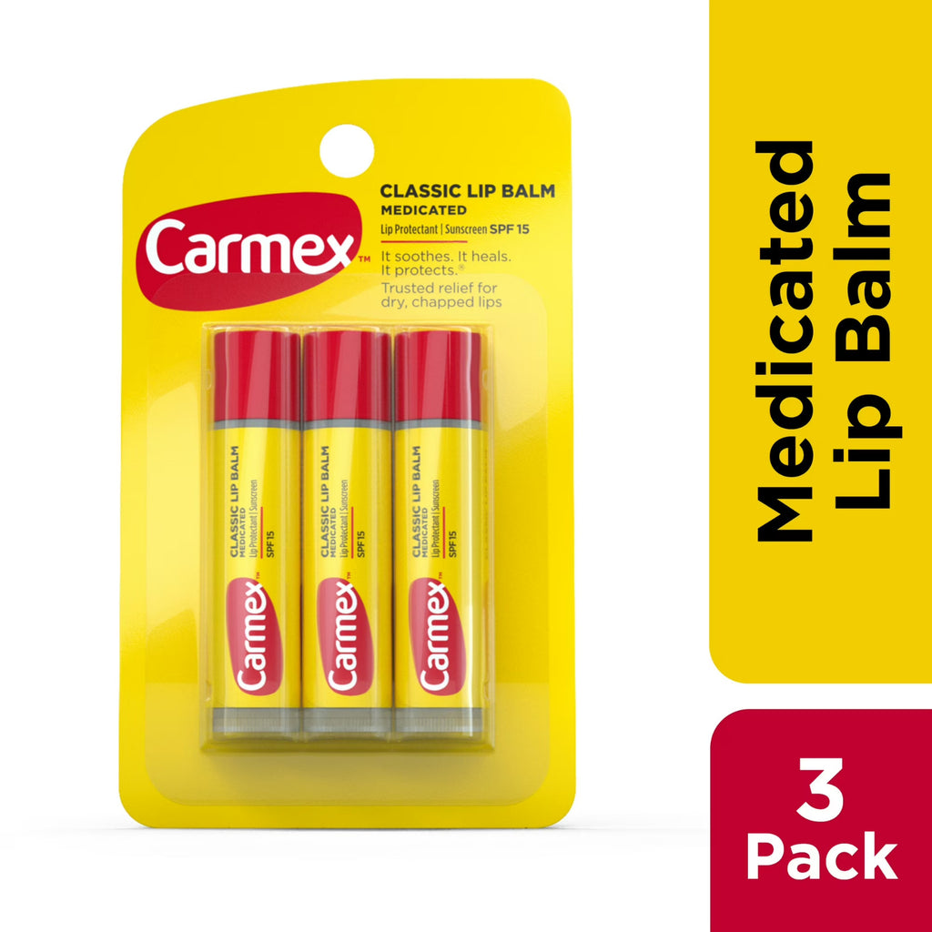 Carmex Classic Medicated Lip Balm Stick, 0.15 oz (3-Pack)